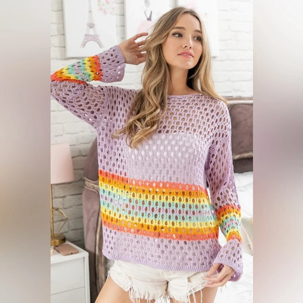 Bibi Rainbow Stripe Purple Hollow Out Long Sleeve Crochet Swim Cover Up
